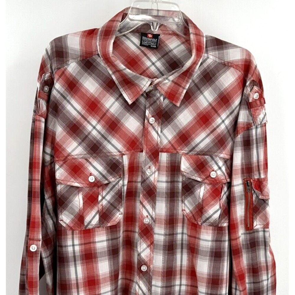 SOUTHPOLE RED /‎ GREY PLAID BUTTON FRONT SHIRT Men's Big & Tall Size 5XB
